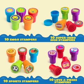 100 Pcs Assorted Stamps for Kids Self-Ink Stamps (50 Different Designs, Plastic Stamps, Emoji Stampers, Dinosaur Stampers, Zoo Safari Stampers) for Easter Egg Stuffers, Party Favor, Teacher Stamps