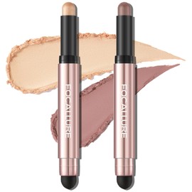 FOCALLURE 2PCS No Crease Eyeshadow Stick,Shimmer and Matte Cream Eyeshadow Pencil Crayon,Long Lasting Waterproof Eye Brightener Stick With Blending Brush,Gleam Rosy