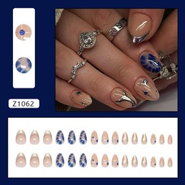 30Pcs Almond Press on Nails Short French Fake Nails with Star Rhinestones Design Blue Acrylic Artificial Nails Silver French Tip Glue on Nails Full Cover Stick on Nails for Women Manicure Decorations