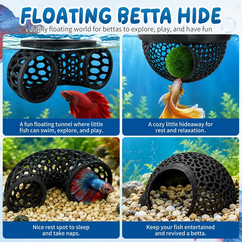 Floating Betta Fish Hideout Set, Tunnel Cave & Resting Hideaway