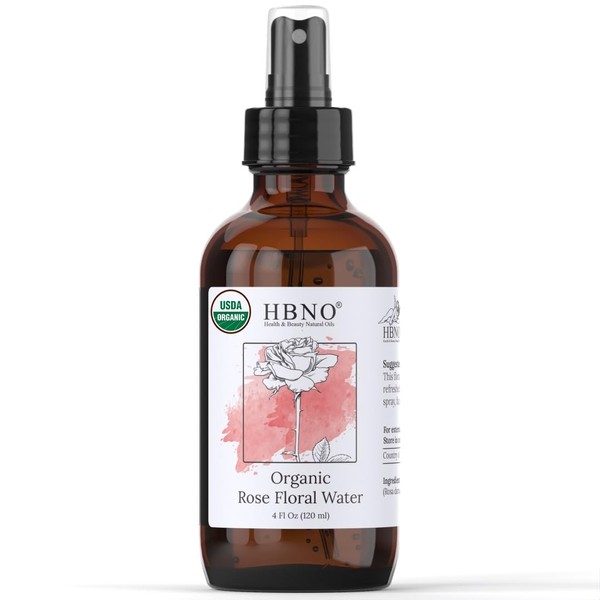 HBNO Organic Rose Floral Water - Huge 4 oz (120ml) Value Size - USDA Certified Organic Rose Floral Water for Face, Body, Skin, Lips, Hair, Nails, Lotions, Spray