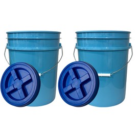 House Naturals 5 Gallon Made in USA Food Grade Plastic Bucket with Blue Screw On Air Tight Double Gasket lid, (Pack of 2)