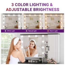 NUNU LAB Women Vanity Desk with Mirror and Lights with 5 Drawers and Cabinets, Women Makeup Table with Power Outlet 40 Inchs, 3-Color Adjustable Lighting for Bedroom Black