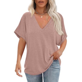 Cicy Bell Womens Summer Oversized T-Shirts V Neck Rolled Short Sleeve Casual Tops Loose Fit Tunic Tees Pink