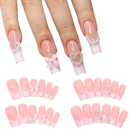 Qioon 24 Pcs French Tip Press On Nails with Charms, Medium Long Pink Coffin Fake Nails with Heart, Rose, Pearl, and Bow Designs for Women and Girls, Cute Stick On Fingernails for Daily Wear