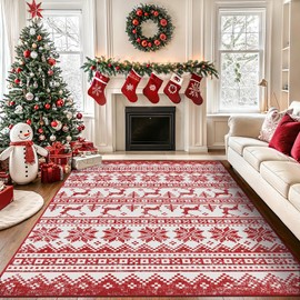 BEIMO Christmas Area Rug 8x10 for Living Room Bedroom, Machine Washable Rug, Indoor Christmas Home Decor, Holiday Print Red Carpet, Low Pile Non Slip Rug with Rubber Backing, Snowflake Print