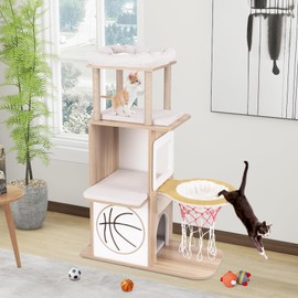 Tangkula Modern Cat Tree, 47 Inch Sports-Themed Cat Tower with Jute Scratching Posts, 2 Cat Condos, Perches, Basketball Hoop Hammock, Removable & Washable Cushions, Multi-Layer Large Wood Cat Tree