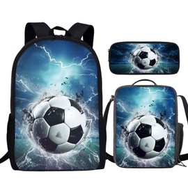 Bulopur Soccer Football White Lightning Blue Sky Print Boys Girls School Bag Set, Schoolbag Hiking Daypack Laptop Backpack Lunch Bags