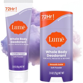 Lume Desodorante para Todo El Cuerpo - Crema Invisible - Control de Olor de 72 Horas - Libre de Aluminio, Libre de Bicarbonato, Seguro para La Piel - Tubo de 3.0 Onzas y Paquete de Barra Sólida de 2.6