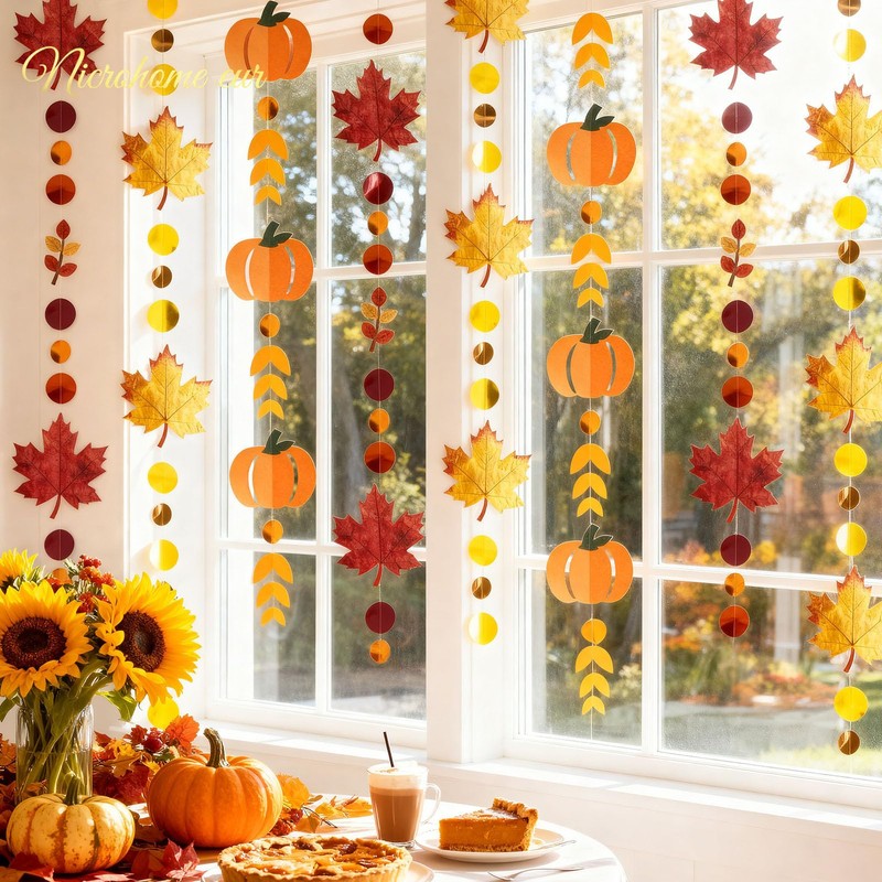 NICROHOME EUR Fall Autumn Paper Garlands with Glitter Pumpkin Maple