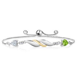 Gem Stone King 925 Sterling Silver and 10K Yellow Gold Green Peridot White Moissanite and Lab Grown Diamond Tennis Bracelet For Women (0.94 Cttw, Gemstone Birthstone, Fully Adjustable Up to 9 Inch)