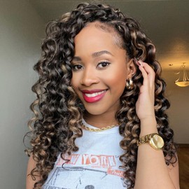 Toyotress Ocean Wave Crochet Hair - 14 Inch 8 Packs Brown Blonde Highlight Ocean Wave Braiding Hair, Beach Curl Deep Twist Water Wave Short Curly Synthetic Hair Extensions (14 Inch, P1B/30/27-8P)