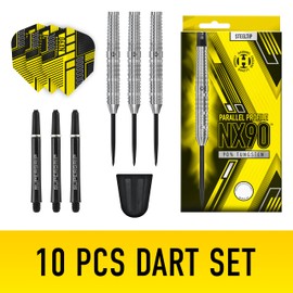 Harrows NX90 Bomb & Parallel Shape Darts Set I Professional Darts 90% Tungsten Steel Tip ALL Weights Pro Darts I 10pc Set with Black Supergrip Midi Shafts & NX90 Flights (Parallel Shape, 26g)