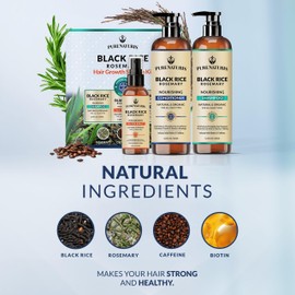 Organic Rosemary Black Rice Water Shampoo Conditioner Set for Hair Growth, Rice Water Spray, w/Rosemary Water, Biotin, Caffeine, Routine Shampoo for Women Men Hair Loss Thickening, Longer