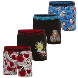 ED HARDY Men's Underwear Boxer Briefs - Comfortable, Breathable, Stylish Design 4 Pack, Roses, Skull, Mermaid,Small