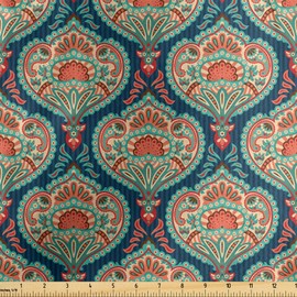 Lunarable Paisley Fabric by The Yard, Exotic Orient Traditional Motifs Vertical Lines Background Floral, Decorative Satin Fabric for Home Textiles and Crafts, 1 Yard, Navy Blue Seafoam and Salmon