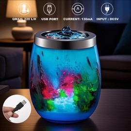 VOREEN Handblown Glass Tabletop Fountain - Art Glass Indoor Fountain with Color-Changing Glow - Artistic Indoor Water Feature with Optional Aromatherapy for Home, Spa, Office Décor - Blue