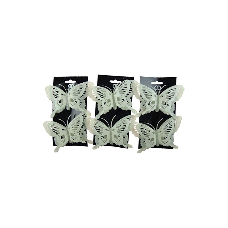 BWG Set Of 6 Butterfly 14cm White Glitter Clip On