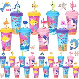 AFZMON 24 Sets Shark Party Favors Goodie Cups With Lids and Silly Straws Bulk, Shark Birthday Decorations for Kids Bags Stuffers Gifts