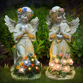 Kssiaz Angel Garden Statue 2Pcs,Love Heart Solar Garden Decor with Warm Light,Waterproof Praying Angel Statue with Flowers,Outdoor Garden Decor Sculpture for Lawn Yard Patio Garden Gifts,Apricot