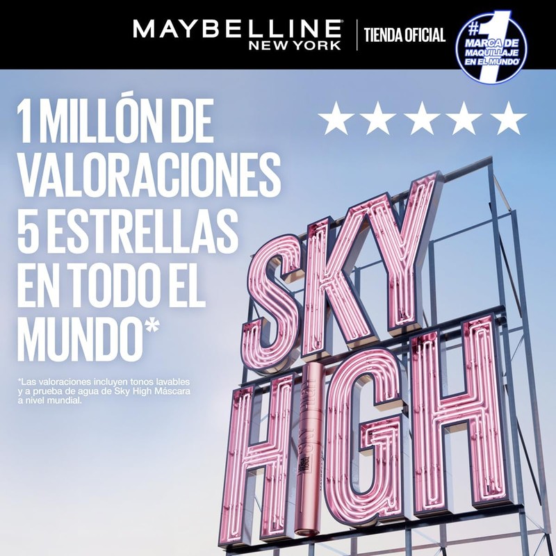 Maybelline Sky High Máscara de Pestañas, Longitud+Volumen 12H, Lavable, 6ml