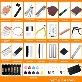 106Pcs Guitar Tool Kit, Guitar Accessories Guitar Maintenance Kit, Guitar Repair Kit with Capo Guitar Strings Picks Bridge Pins Gauge, TIMDAM Guitar Setup Kit for Ukulele Bass Mandolin Banjo Guitar