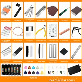 106Pcs Guitar Tool Kit, Guitar Accessories Guitar Maintenance Kit, Guitar Repair Kit with Capo Guitar Strings Picks Bridge Pins Gauge, TIMDAM Guitar Setup Kit for Ukulele Bass Mandolin Banjo Guitar