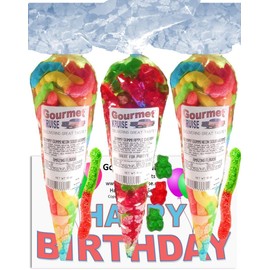Happy Birthday Series Bright Sour Worms And Red Cherry With Green Apple Gummi Gummy Bears (NET WT 31 OZ) (Pack of 3) In 1 Box Gourmet Kruise Signature Gift Bags