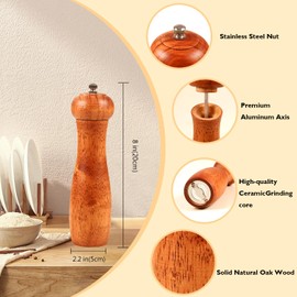 ManGotree Wood Pepper Mill Salt Mill 8 inch, Pepper Grinder Salt Grinder with Adjustable Ceramic Rotor, Manual Wood Pepper Grinder Salt Mill for Kitchen 2 Pack (Natural + Walnut）
