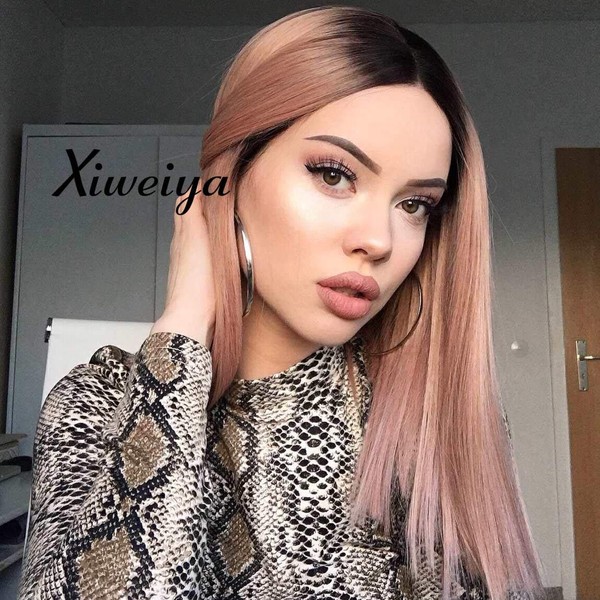 Xiweiya Short Cut Straight Peach Pink Lace Front Wig with Dark Roots Rose Golden Bob Synthetic Lace Front Wig Straight Bob Pink Hair Natural Harline Middle Part Soft Wig Heat Resistant Fiber…