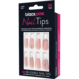 Blackpink Press-On Nail Tips Ready Painted Long Perfect Fit Ready To Go, Glue Included, Reusable, Glue on Nails, Long Nail Kit 24PC