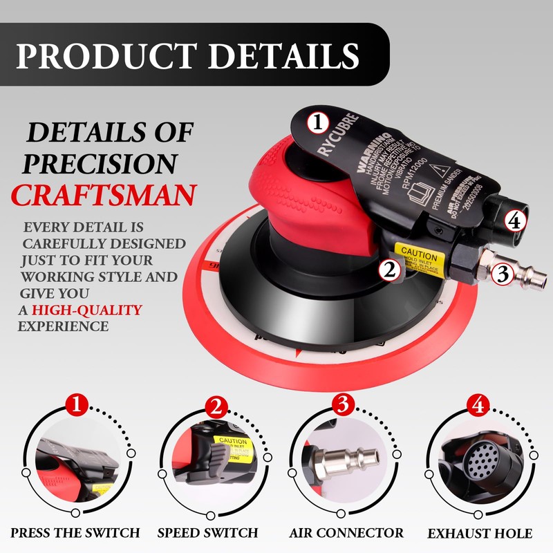 Rycubre pneumatic Air Sander 5/6 Inch DA Palm Sander for