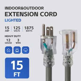 GreenProsper 15 FT Grey Extension Cord with Lighted End, 12 AWG 3 Prong Indoor Outdoor Heavy Duty Waterproof Power Cable for Major Appliance, 12/3 SJTW UL Listed