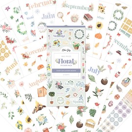 Blue Sky Sticker Book, Everyday and Monthly Planner Stickers, Non-Dated, Glued with Bungee, 1460+ Stickers for Journals and Calendars (Floral, 4.5" x 9")