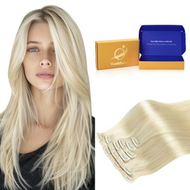 Worldstar Clip in Hair Extensions Human Hair 6Pcs #613 Blonde 16Inch 110g，Natural Straight Hair Extensions for Women Real Soft Human Invisible Clip Hair（EN#613-16）