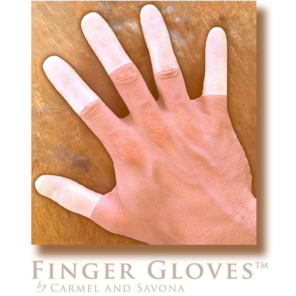 Finger Gloves (tm) by Carmel and Savona = Reusable Natural Rubber that fits like a Durable Second Skin ~ May be trimmed to any preferred length while still remaining Reusable + Touch Screen Compatible