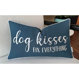 Rudransha Dog Kisses Fix Everything Embroidered Lumbar Accent Throw Pillowcase - Gift for Pet Lover, Home Decor - 12x20 Inches, Teal