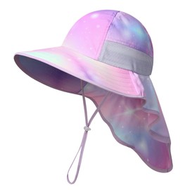 icolor Kids Sun Hat UPF50+ Sun Protection Bucket Hat Toddler Summer Travel Beach Play Hats with Neck Flap for Girl Boy Ages 3~10 (PinkStarry)