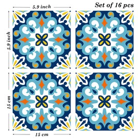 Poromoro Spanish Portuguese Azulejo Style Peel and Stick Backsplash Tile Stickers Set of 16 pcs(5.9_4)