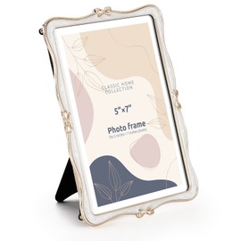 Mulumu Metal Bow Picture Frame 5x7 Photo Frames with High Definition Glass Front Gift Ideas Tabletop Home Decorative, Gold & White