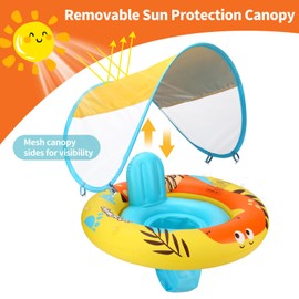 Swimbobo Inflatable Baby Swim Pool Float with Safe Seat and Removable Canopy for Age 6-36 Months Toddler (Yellow Dinosaur)