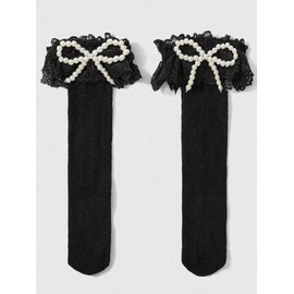 Amazleer Women's Cute Lace Calf Socks with Pearl and Bowknot, Frilly Ruffle Trim, Lolita Style Sock, One Size (US, Alpha, One Size, Regular, Regular, Black)