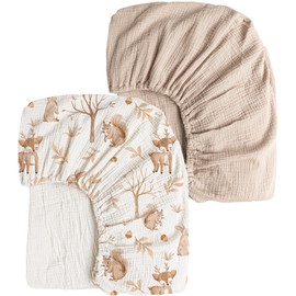 Konssy Muslin Crib Sheets 2 PCS, 100% Cotton Baby Crib Sheets for Standard Crib Mattress (28"x 52"), Soft and Breathable for Boys, Girls (Fall Forest,Wheat)