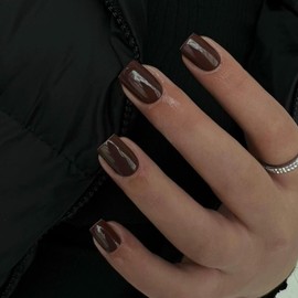 Brown Press on Nails Short Square, Natural Short Gel Nails Glue on Fall Colors 2024 Trendy Acrylic Nails Press ons Featured Protective Coat Reusable Fake Nails Short Coffin Nails 24Pcs