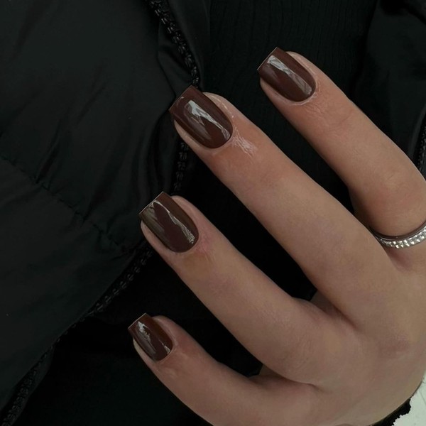 Brown Press on Nails Short Square, Natural Short Gel Nails
