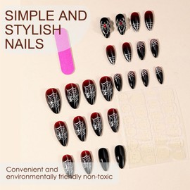Press on Nails – 24pcs Medium Almond False Nails with Spider Web & Charm Design – Red Gradient & Black Matte Acrylic Long-Lasting, Easy to Apply, Salon-Quality at Home