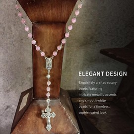 LinZengYo Catholic Rosary Beads with 8mm White Cat's Eye Glass, Ornate Silver Crucifix and Virgin Mary Medal, 24 Inch, 59 Pieces (Pink Cat's Eye)