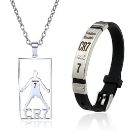 WQEDVN 2 PCS Football Stuff, Stuff for Boys, Cr7 Football Star Bracelet, Use for the Best Gift for Boys Who Love Football(Silver Bracelet + Necklace)