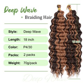 Eerya Long Curly Braiding Hair 18 Inch 2 Packs Deep Ocean Wave Crochet Hair for Black Women Deep Wave Braiding Hair for Boho Braids (18 inch, P4/30)