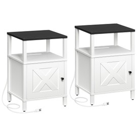 MAHANCRIS Set of 2 Farmhouse Nightstand with Charging Station, White Bedside Table with USB&Type-C Ports and Outlets, End Table with Storage, Night Stand for Bedroom, White and Black ETBW96E01S2